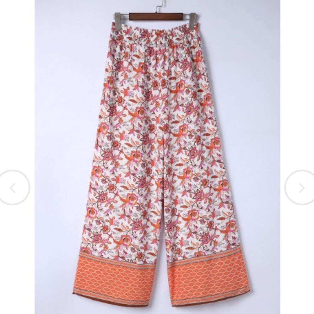 NWT Wide-Leg Pull-on Elastic Waist Flowy Boho Pants Pockets Orange Pink Floral S - Picture 3 of 16